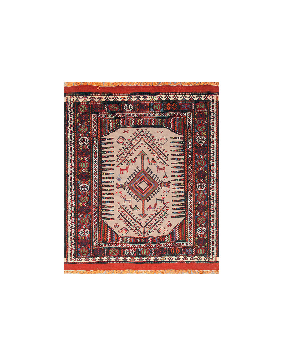 Authentic 4'x4' Baluchi Sofreh Kilim rug hand-woven with natural camel wool featuring a pictorial design of a little girl, camels, and dogs.