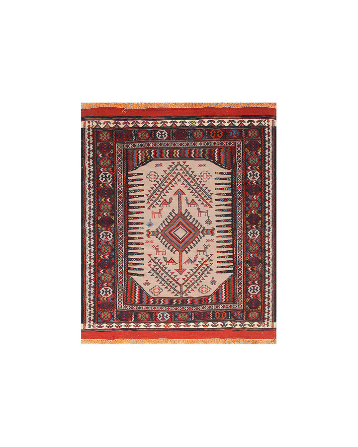 Authentic 4'x4' Baluchi Sofreh Kilim rug hand-woven with natural camel wool featuring a pictorial design of a little girl, camels, and dogs.