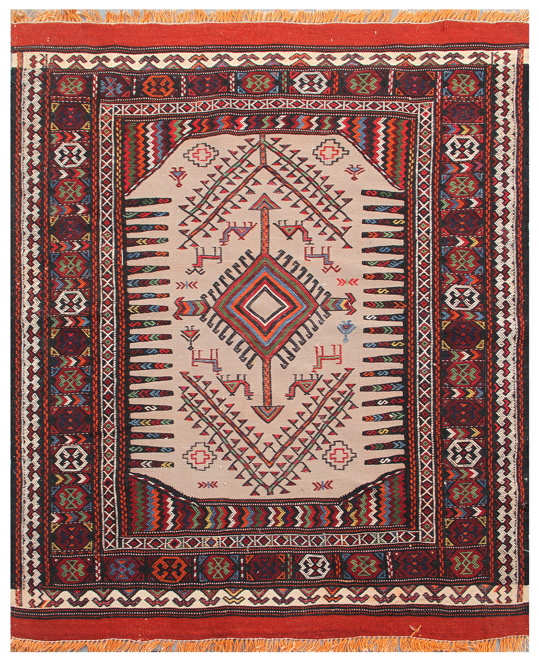 Authentic 4'x4' Baluchi Sofreh Kilim rug hand-woven with natural camel wool featuring a pictorial design of a little girl, camels, and dogs.