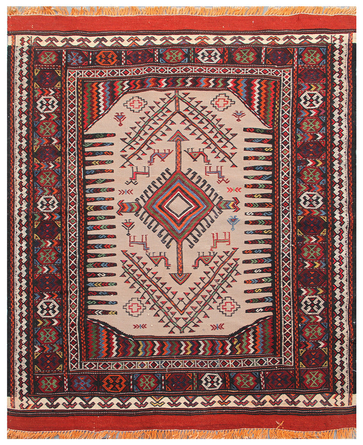 Authentic 4'x4' Baluchi Sofreh Kilim rug hand-woven with natural camel wool featuring a pictorial design of a little girl, camels, and dogs.