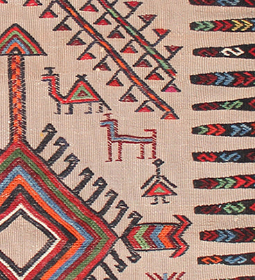 Authentic 4'x4' Baluchi Sofreh Kilim rug hand-woven with natural camel wool featuring a pictorial design of a little girl, camels, and dogs.