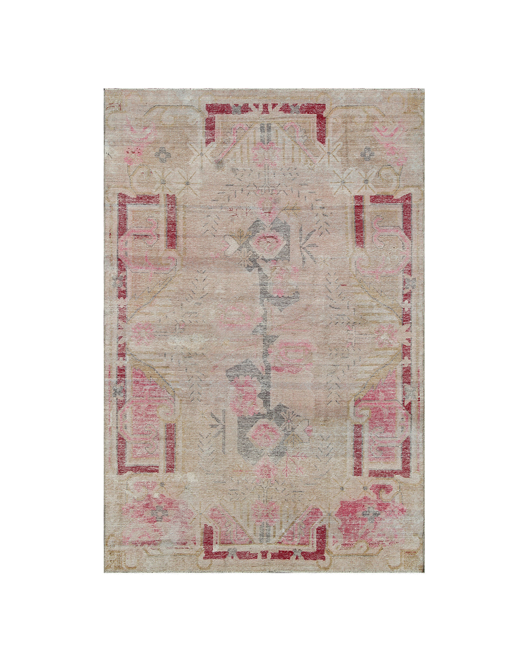 Antique Samarkand wool rug measuring 6'3" x 4'1" featuring a beige and pink color palette with a delicate faded floral design.