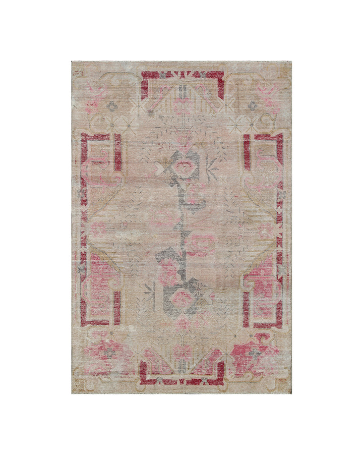 Antique Samarkand wool rug measuring 6'3" x 4'1" featuring a beige and pink color palette with a delicate faded floral design.
