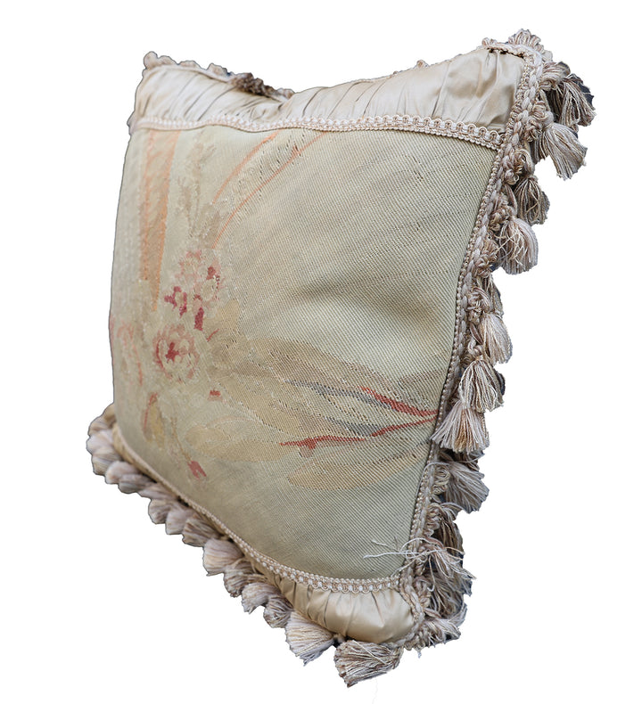 Handcrafted 24x24 beige and pink floral silk and wool vintage Aubusson pillowcase with tassels by Ariana Rugs West Hollywood