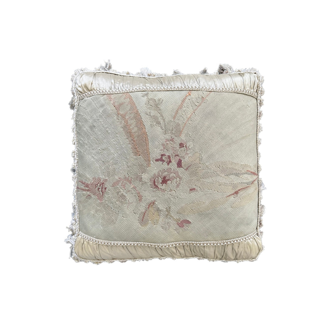 Handcrafted 24x24 beige and pink floral silk and wool vintage Aubusson pillowcase with tassels by Ariana Rugs West Hollywood