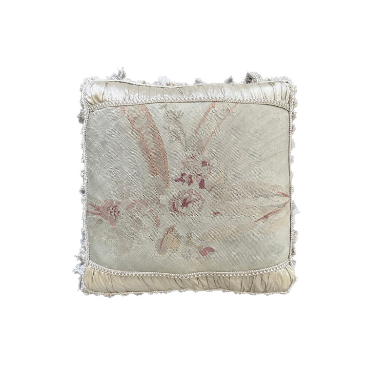 Handcrafted 24x24 beige and pink floral silk and wool vintage Aubusson pillowcase with tassels by Ariana Rugs West Hollywood