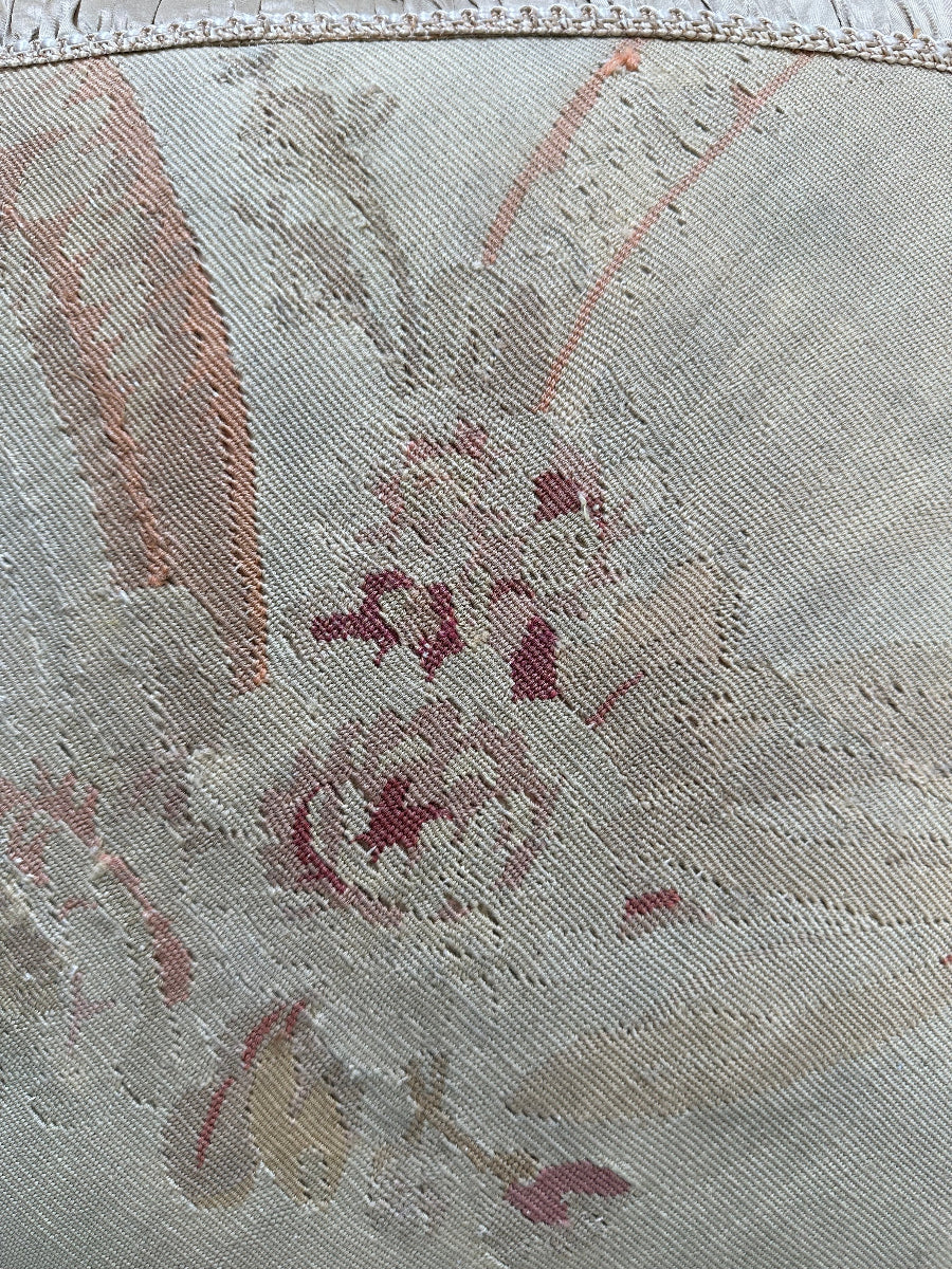 Handcrafted 24x24 beige and pink floral silk and wool vintage Aubusson pillowcase with tassels by Ariana Rugs West Hollywood