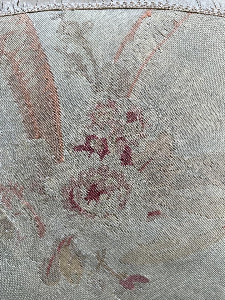 Handcrafted 24x24 beige and pink floral silk and wool vintage Aubusson pillowcase with tassels by Ariana Rugs West Hollywood