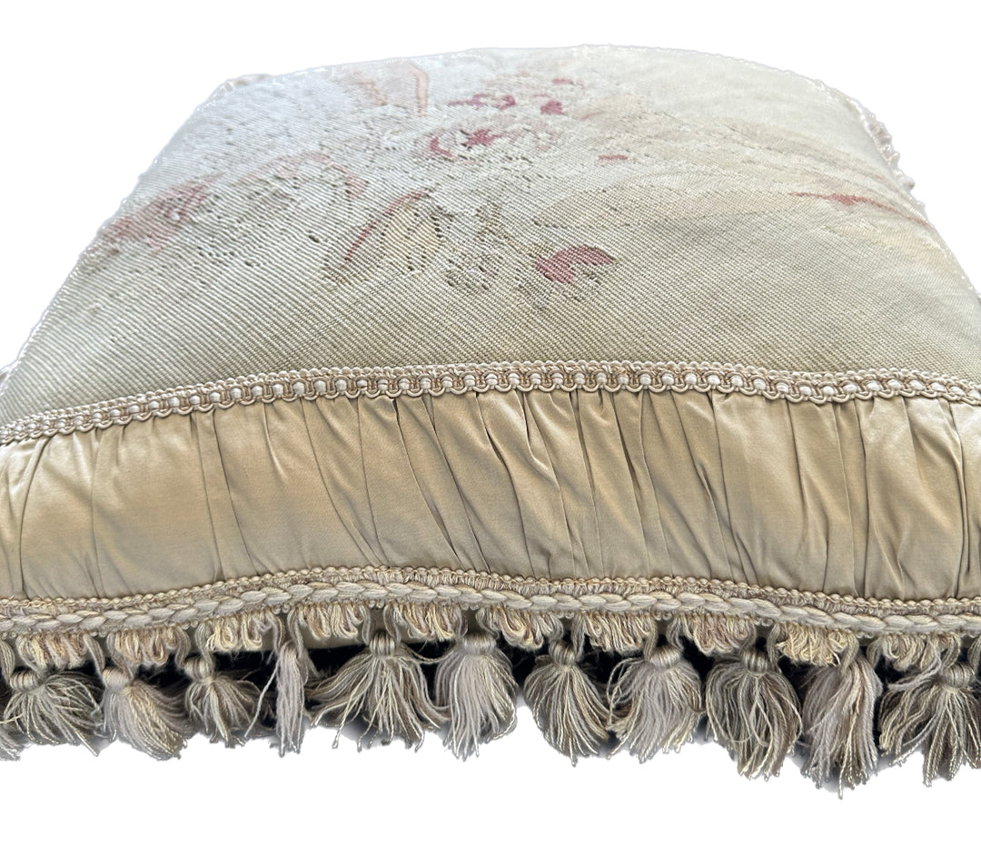 Handcrafted 24x24 beige and pink floral silk and wool vintage Aubusson pillowcase with tassels by Ariana Rugs West Hollywood