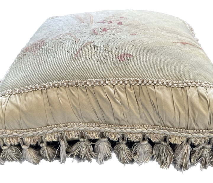 Handcrafted 24x24 beige and pink floral silk and wool vintage Aubusson pillowcase with tassels by Ariana Rugs West Hollywood