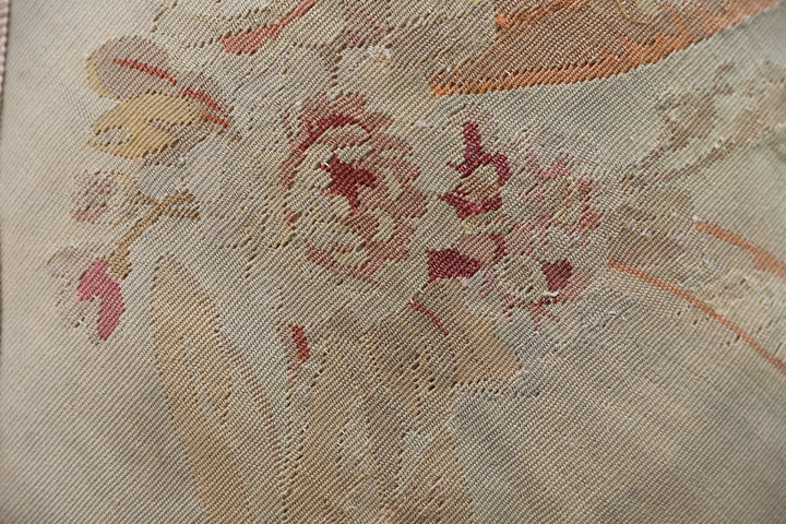 Handcrafted 24x24 beige and pink floral silk and wool vintage Aubusson pillowcase with tassels by Ariana Rugs West Hollywood