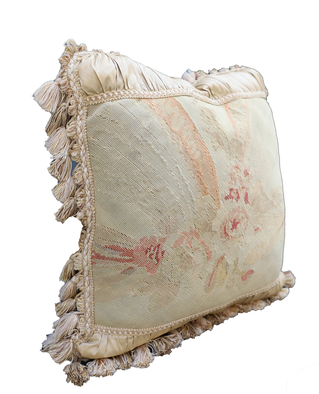 Handcrafted 24x24 beige and pink floral silk and wool vintage Aubusson pillowcase with tassels by Ariana Rugs West Hollywood