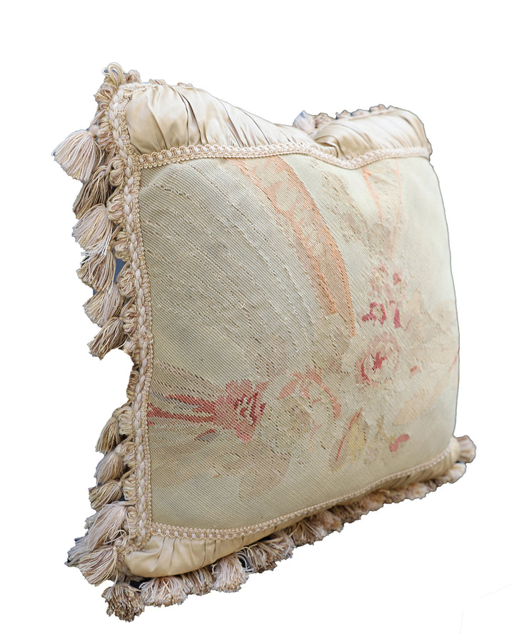 Handcrafted 24x24 beige and pink floral silk and wool vintage Aubusson pillowcase with tassels by Ariana Rugs West Hollywood