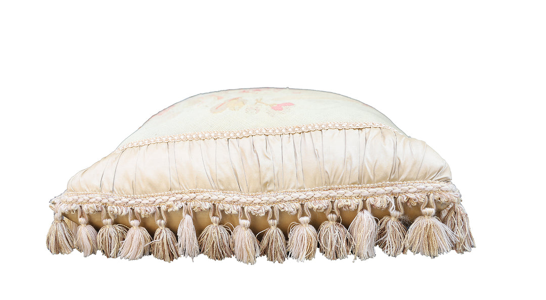 Handcrafted 24x24 beige and pink floral silk and wool vintage Aubusson pillowcase with tassels by Ariana Rugs West Hollywood