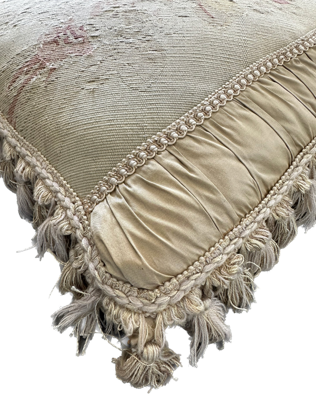 Handcrafted 24x24 beige and pink floral silk and wool vintage Aubusson pillowcase with tassels by Ariana Rugs West Hollywood