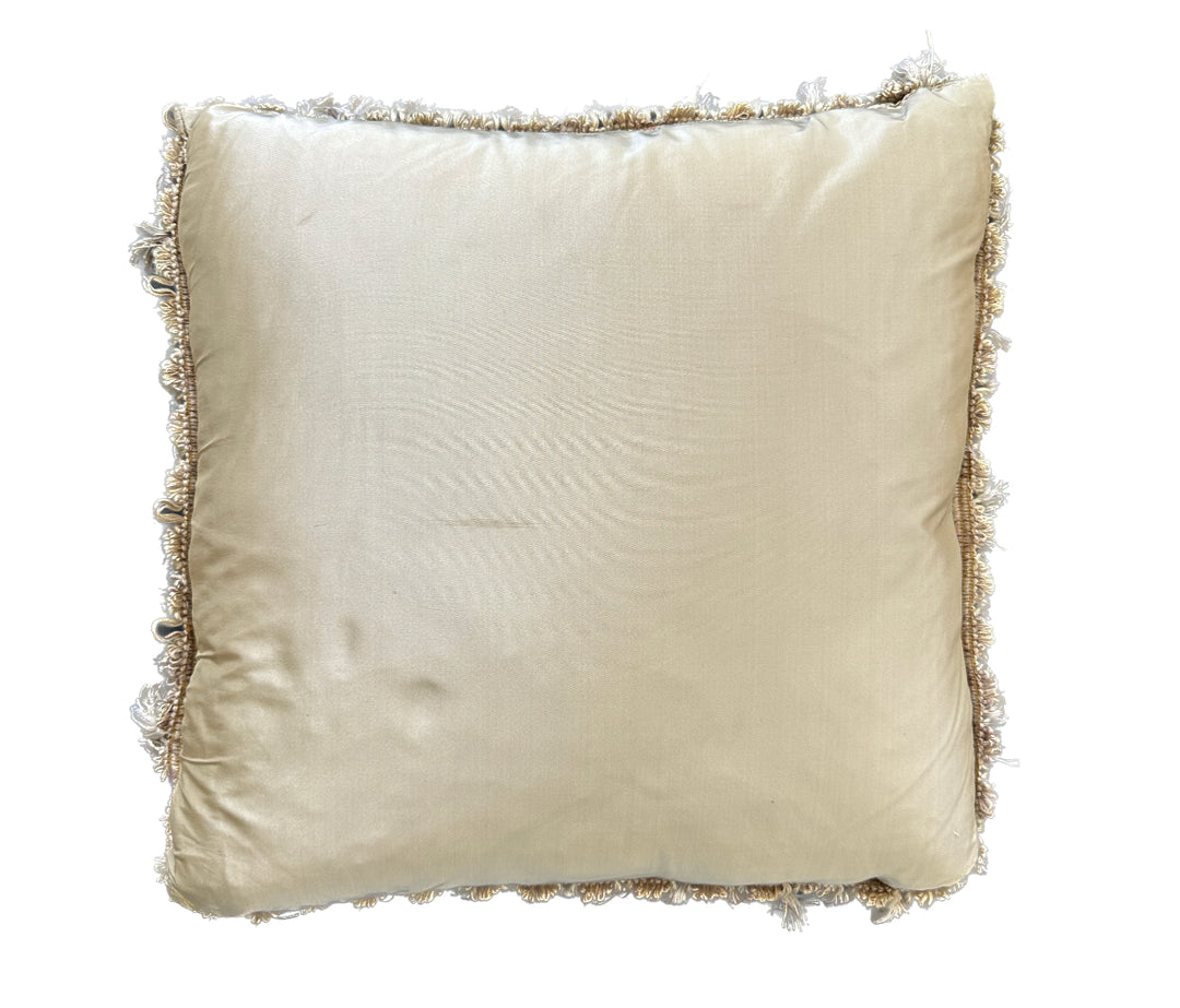 Handcrafted 24x24 beige and pink floral silk and wool vintage Aubusson pillowcase with tassels by Ariana Rugs West Hollywood