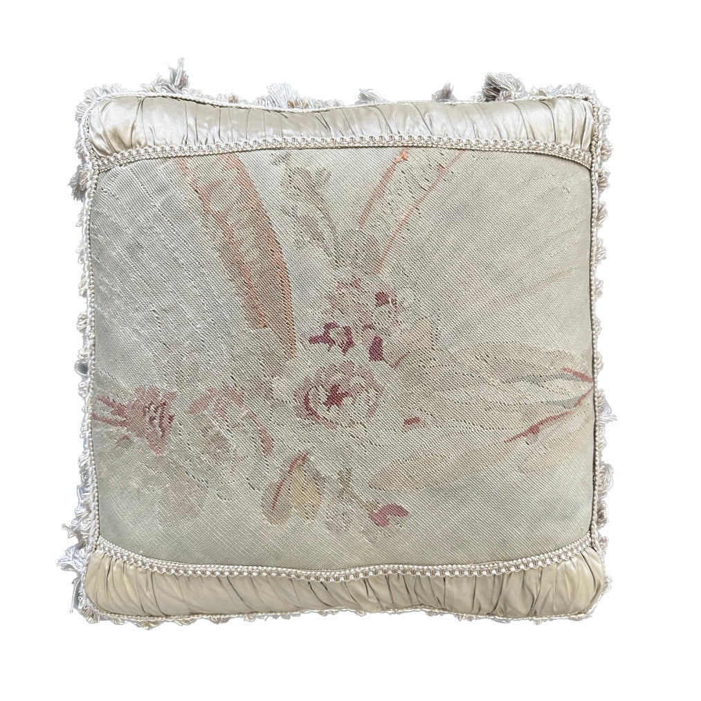 Handcrafted 24x24 beige and pink floral silk and wool vintage Aubusson pillowcase with tassels by Ariana Rugs West Hollywood