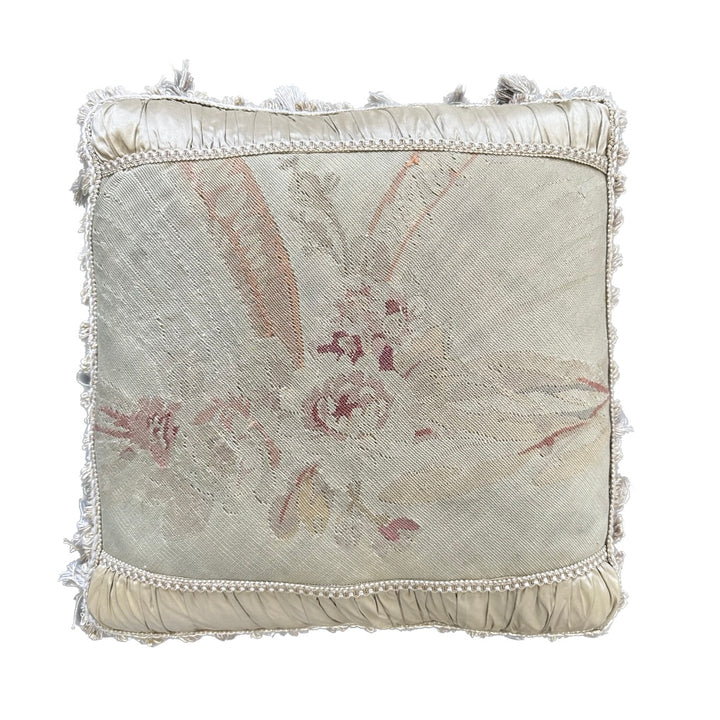 Handcrafted 24x24 beige and pink floral silk and wool vintage Aubusson pillowcase with tassels by Ariana Rugs West Hollywood