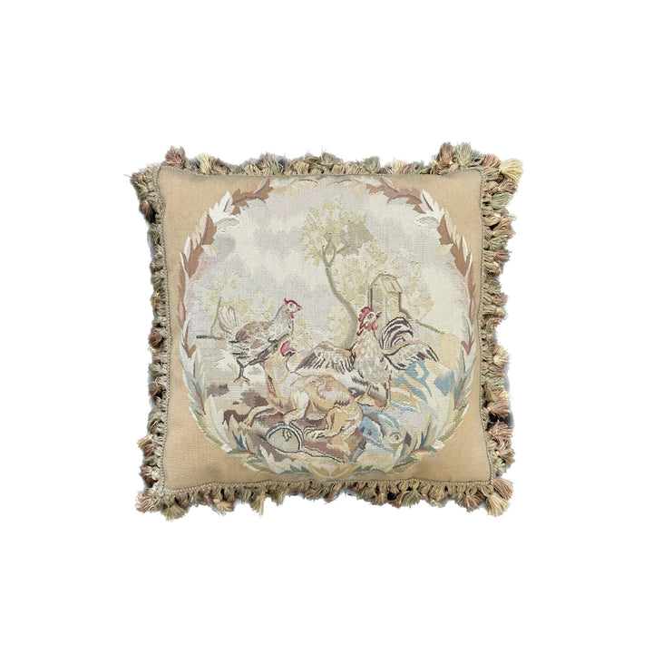Handmade 19x19 beige and tan animal illustration wool Aubusson pillowcase with tassels featuring chickens and a dog by Ariana Rugs West Hollywood