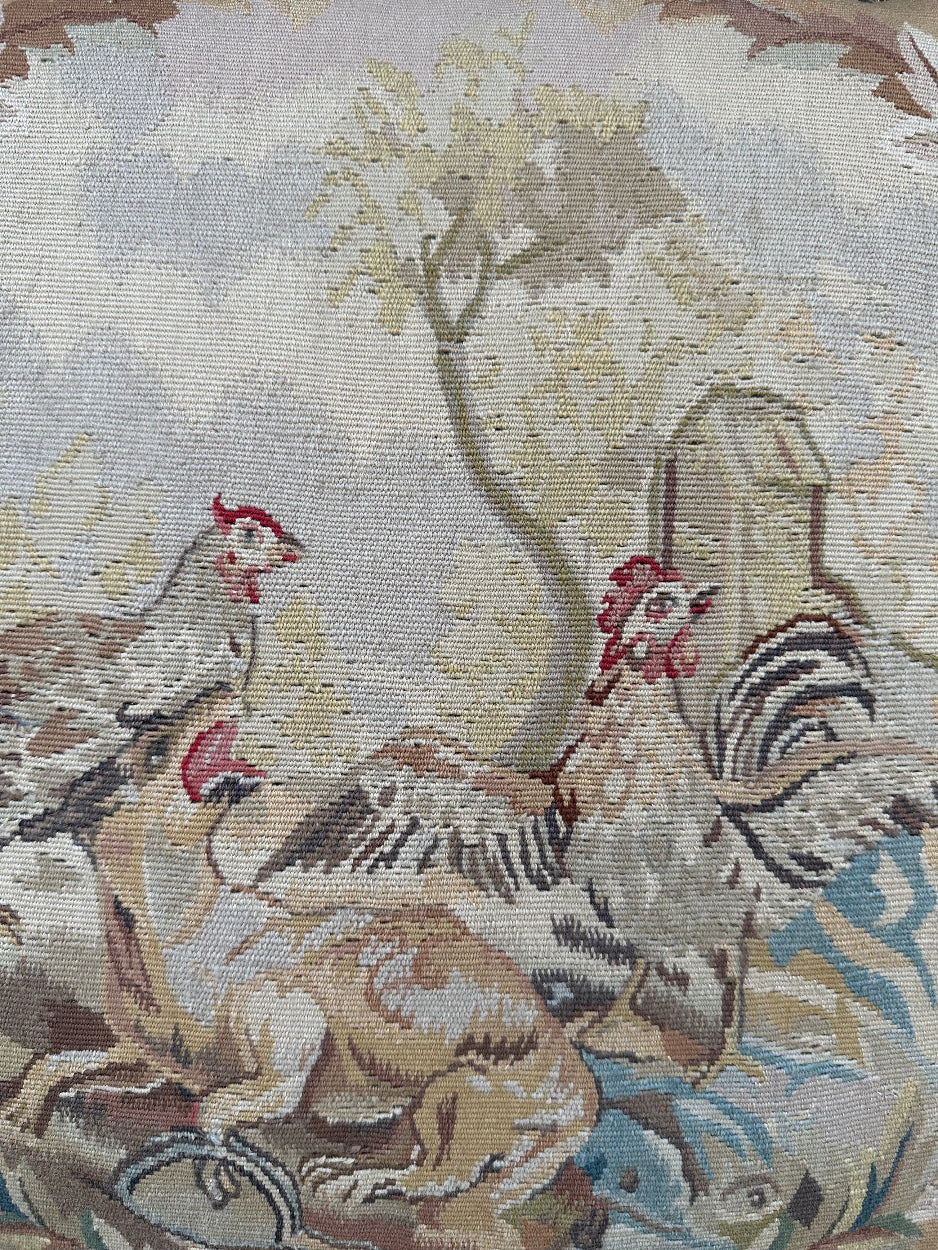 Handmade 19x19 beige and tan animal illustration wool Aubusson pillowcase with tassels featuring chickens and a dog by Ariana Rugs West Hollywood