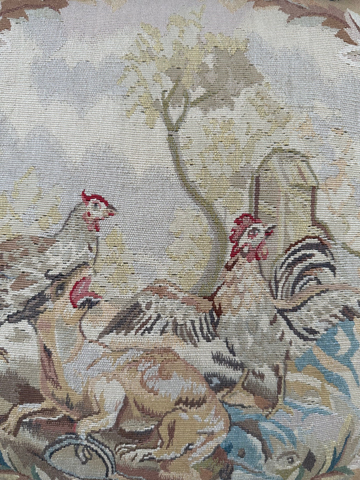 Handmade 19x19 beige and tan animal illustration wool Aubusson pillowcase with tassels featuring chickens and a dog by Ariana Rugs West Hollywood