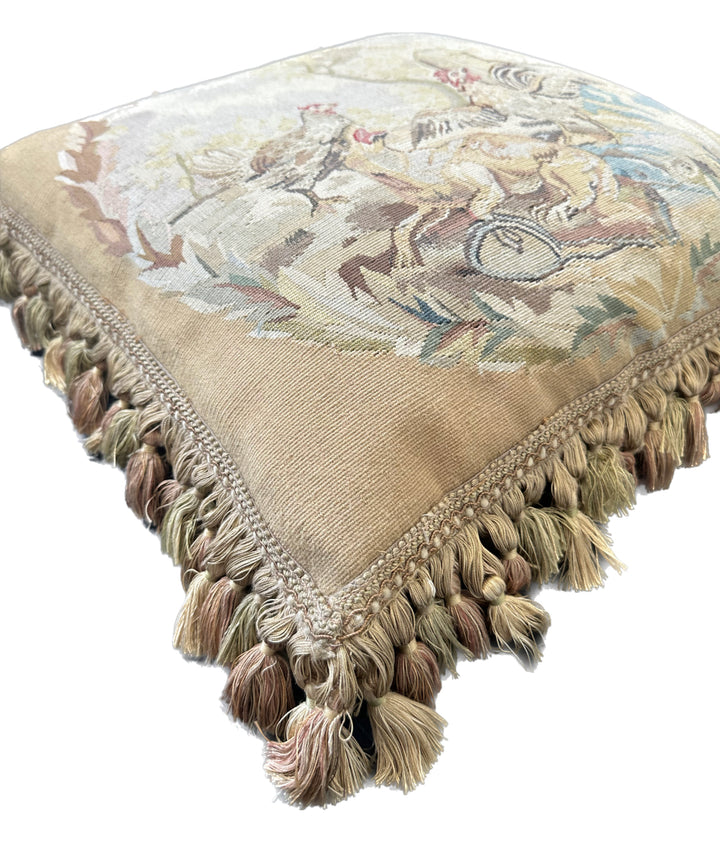 Handmade 19x19 beige and tan animal illustration wool Aubusson pillowcase with tassels featuring chickens and a dog by Ariana Rugs West Hollywood
