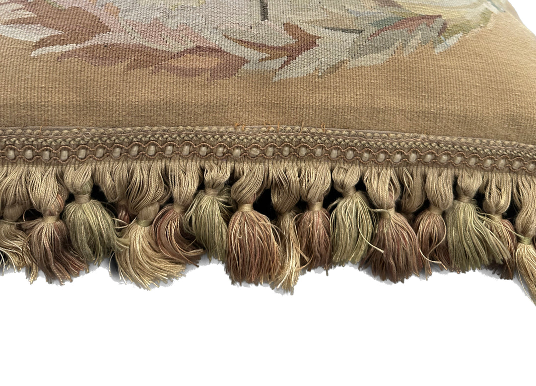 Handmade 19x19 beige and tan animal illustration wool Aubusson pillowcase with tassels featuring chickens and a dog by Ariana Rugs West Hollywood