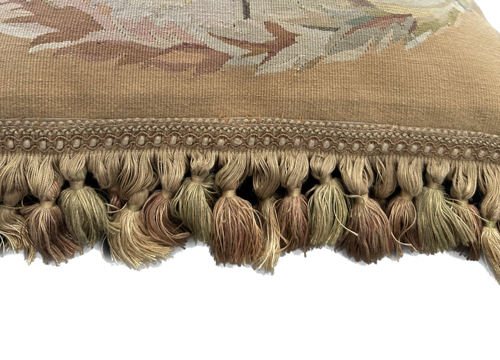 Handmade 19x19 beige and tan animal illustration wool Aubusson pillowcase with tassels featuring chickens and a dog by Ariana Rugs West Hollywood