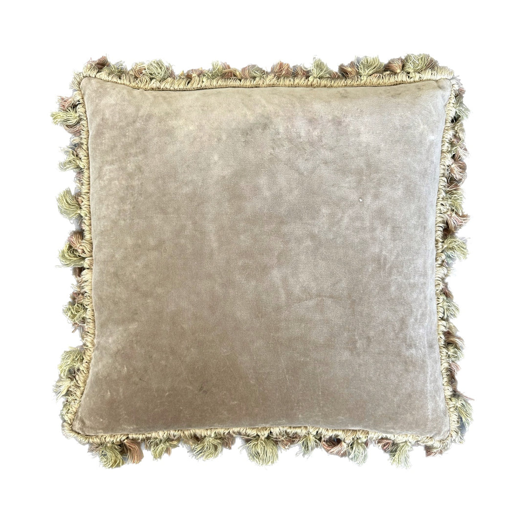 Handmade 19x19 beige and tan animal illustration wool Aubusson pillowcase with tassels featuring chickens and a dog by Ariana Rugs West Hollywood