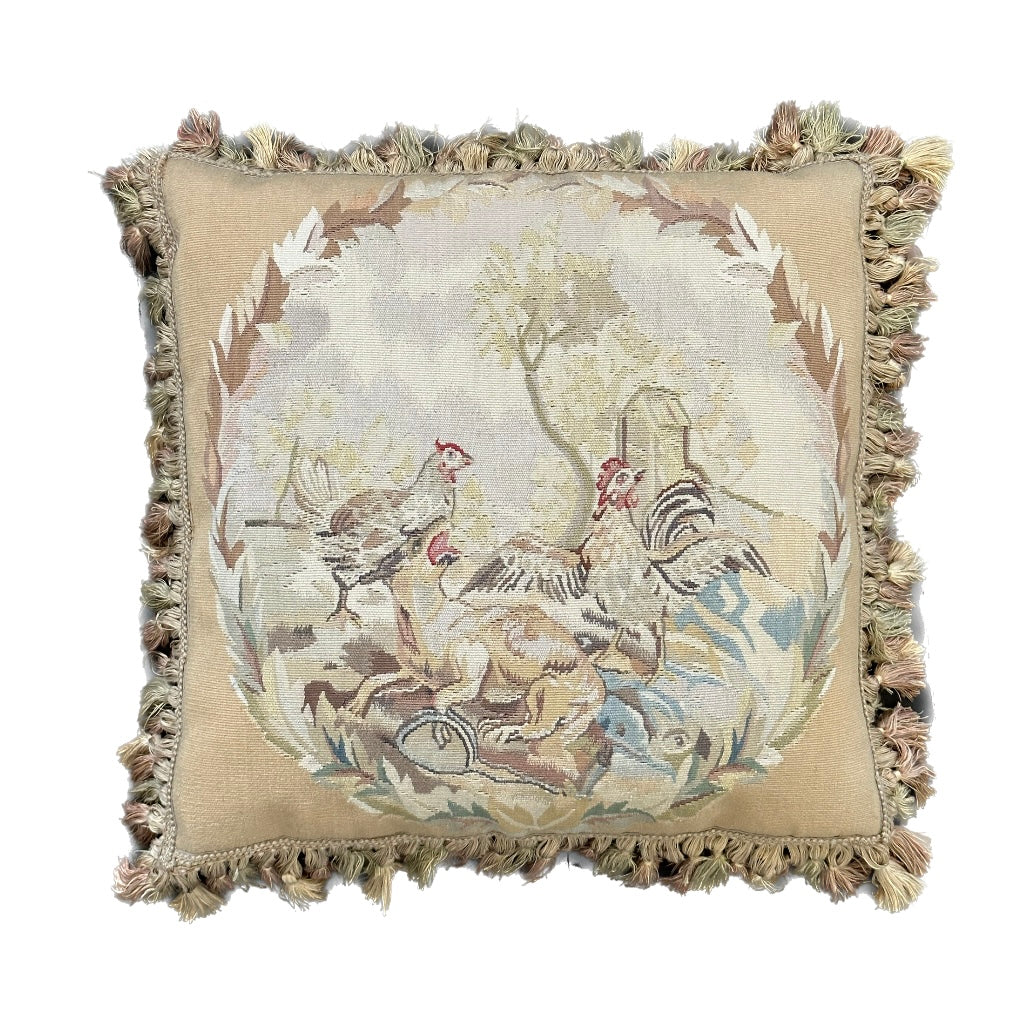 Handmade 19x19 beige and tan animal illustration wool Aubusson pillowcase with tassels featuring chickens and a dog by Ariana Rugs West Hollywood
