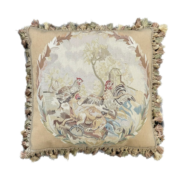 Handmade 19x19 beige and tan animal illustration wool Aubusson pillowcase with tassels featuring chickens and a dog by Ariana Rugs West Hollywood
