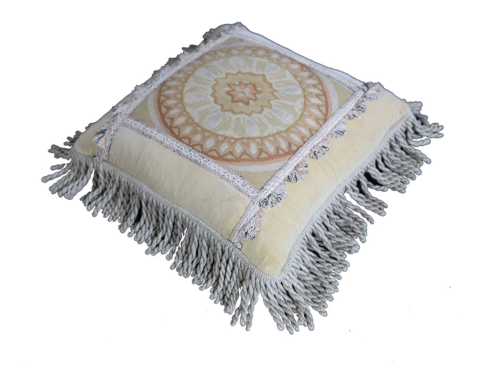 Handmade 18x18 beige and tan wool Aubusson pillowcase by Ariana Rugs West Hollywood