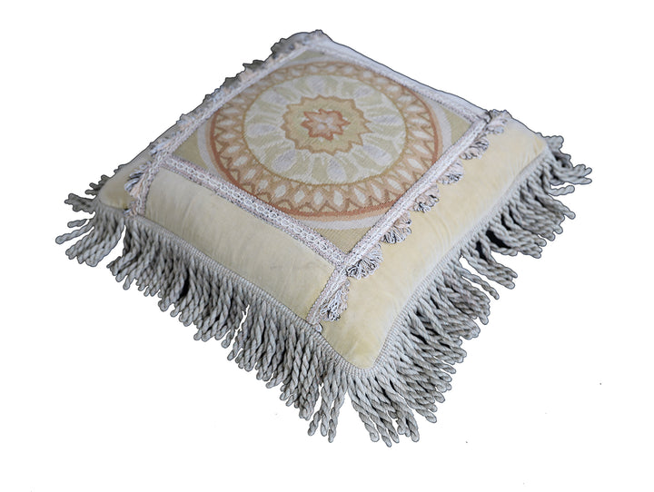 Handmade 18x18 beige and tan wool Aubusson pillowcase by Ariana Rugs West Hollywood