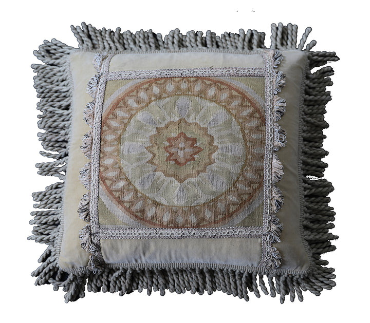 Handmade 18x18 beige and tan wool Aubusson pillowcase by Ariana Rugs West Hollywood