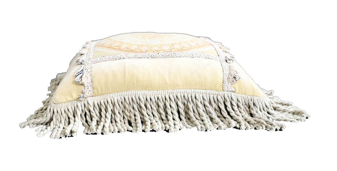 Handmade 18x18 beige and tan wool Aubusson pillowcase by Ariana Rugs West Hollywood
