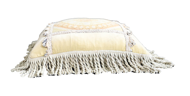 Handmade 18x18 beige and tan wool Aubusson pillowcase by Ariana Rugs West Hollywood