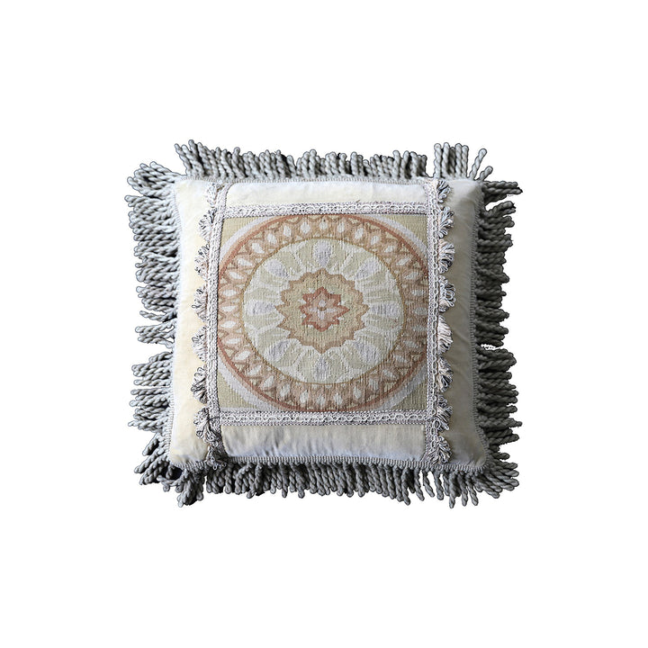 Handmade 18x18 beige and tan wool Aubusson pillowcase by Ariana Rugs West Hollywood