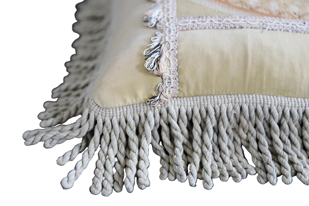 Handmade 18x18 beige and tan wool Aubusson pillowcase by Ariana Rugs West Hollywood