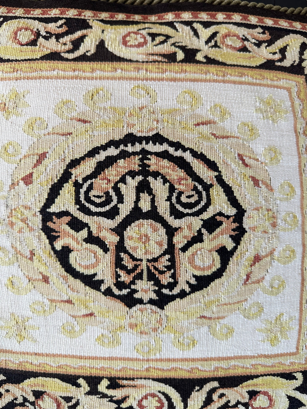 Handmade 17x19 black, red, gold, yellow, and cream Aubusson style throw pillowcase with corner tassels by Ariana Rugs West Hollywood