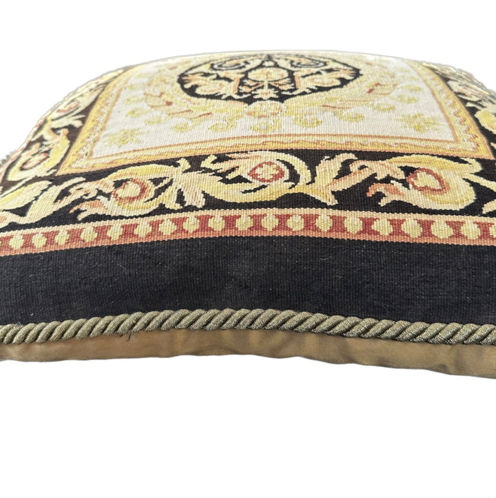 Handmade 17x19 black, red, gold, yellow, and cream Aubusson style throw pillowcase with corner tassels by Ariana Rugs West Hollywood