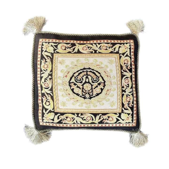 Handmade 17x19 black, red, gold, yellow, and cream Aubusson style throw pillowcase with corner tassels by Ariana Rugs West Hollywood