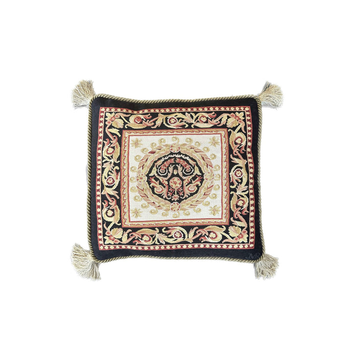 Handmade 19x19 black, red, and gold Aubusson style throw pillowcase with corner tassels by Ariana Rugs West Hollywood