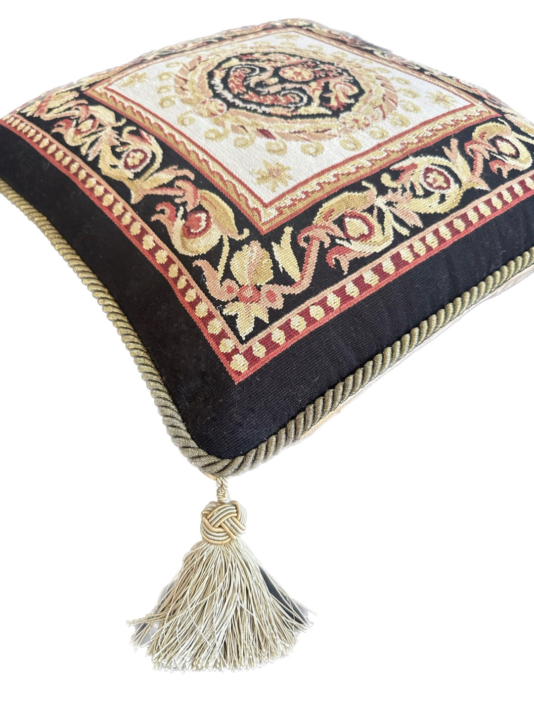 Handmade 19x19 black, red, and gold Aubusson style throw pillowcase with corner tassels by Ariana Rugs West Hollywood