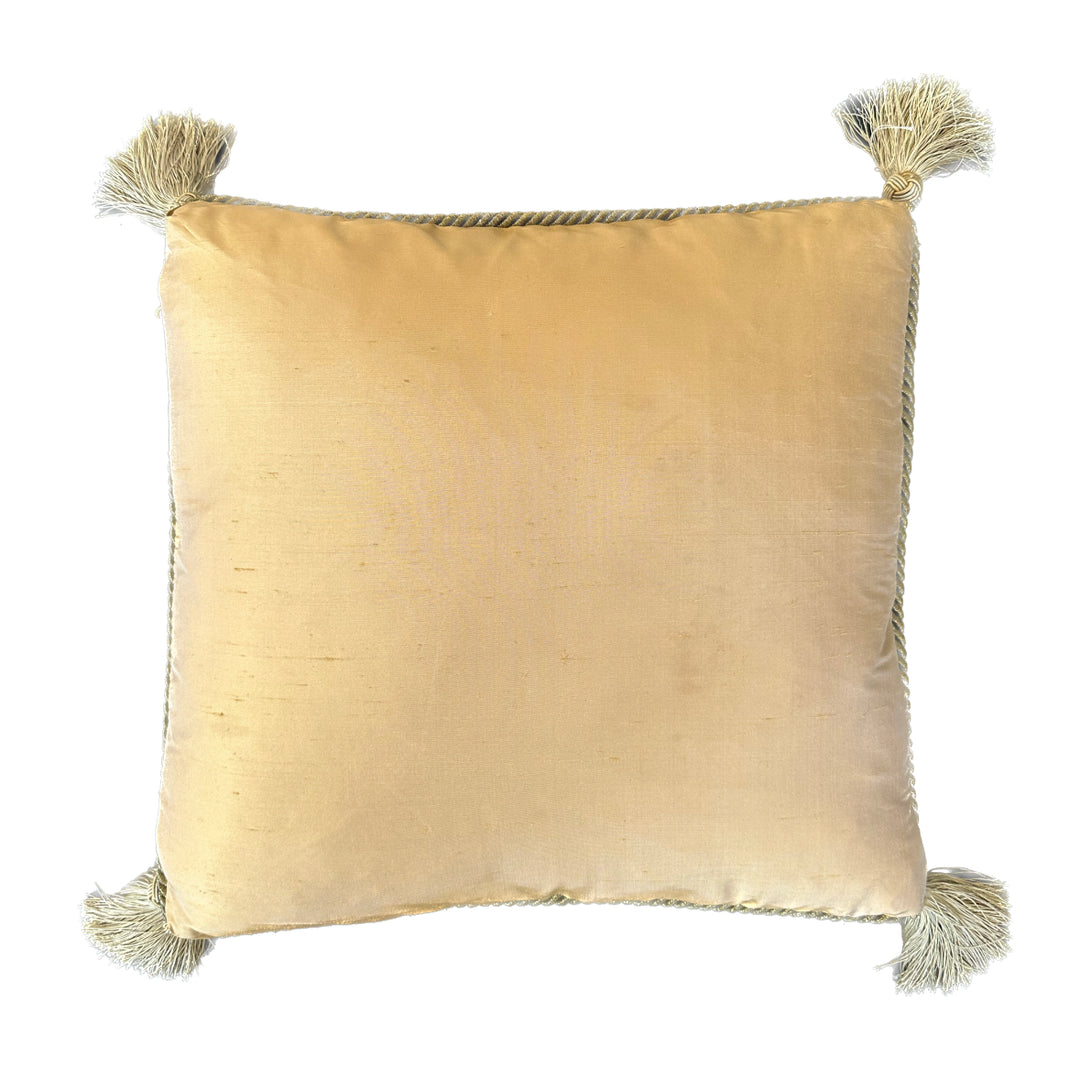 Handmade 19x19 black, red, and gold Aubusson style throw pillowcase with corner tassels by Ariana Rugs West Hollywood