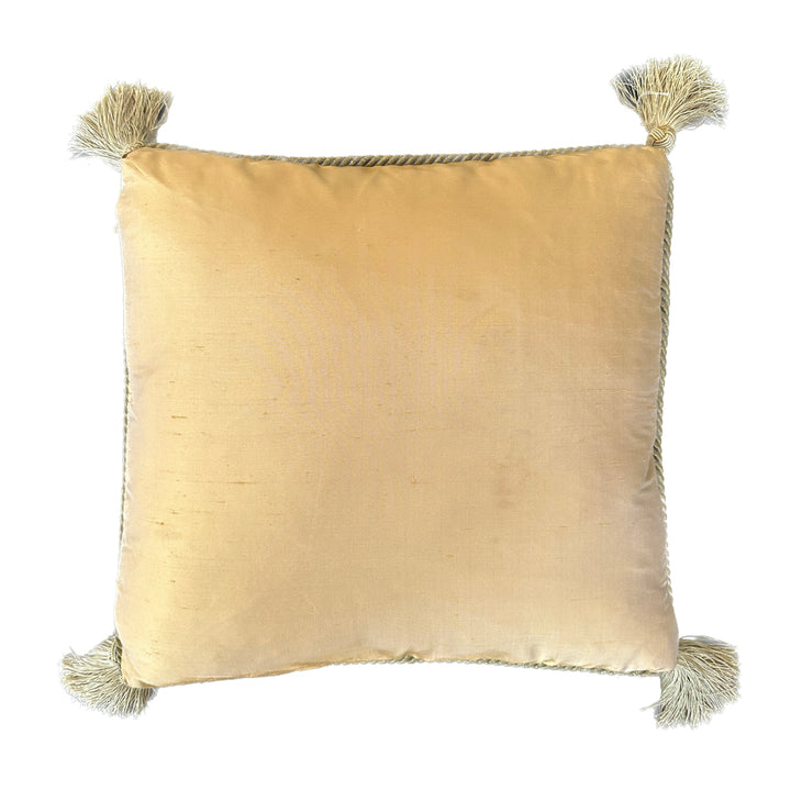 Handmade 19x19 black, red, and gold Aubusson style throw pillowcase with corner tassels by Ariana Rugs West Hollywood
