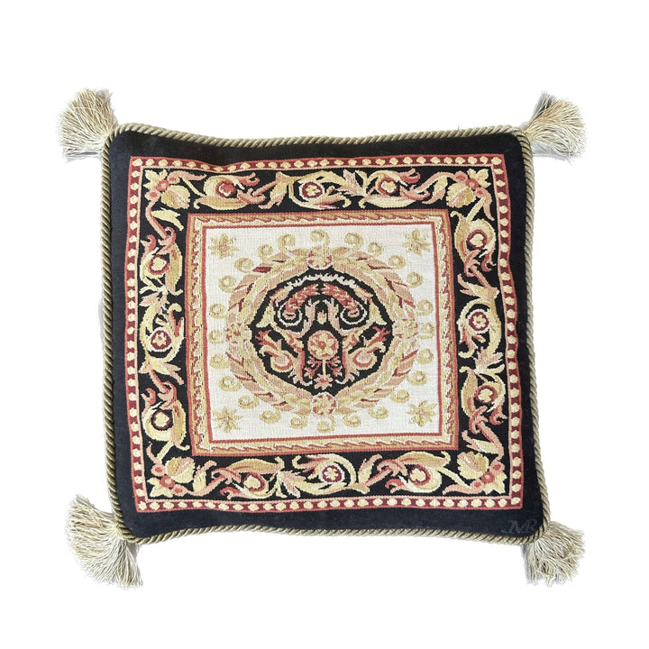 Handmade 19x19 black, red, and gold Aubusson style throw pillowcase with corner tassels by Ariana Rugs West Hollywood
