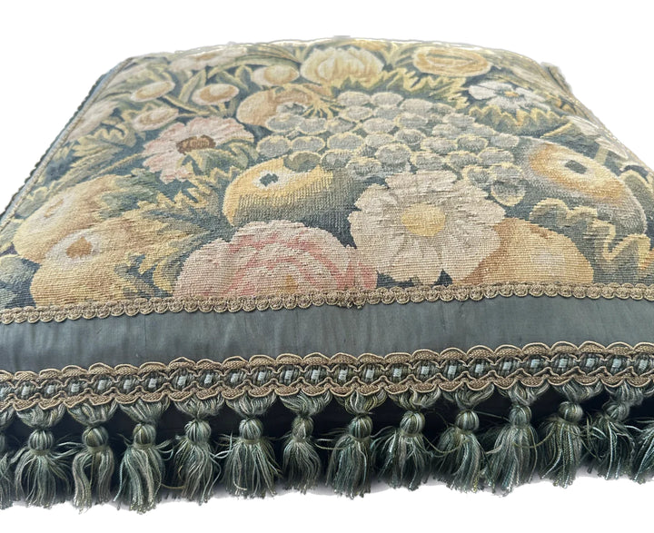 Handmade 21x21 blue and green floral wool Aubusson pillowcase with green tassels by Ariana Rugs West Hollywood