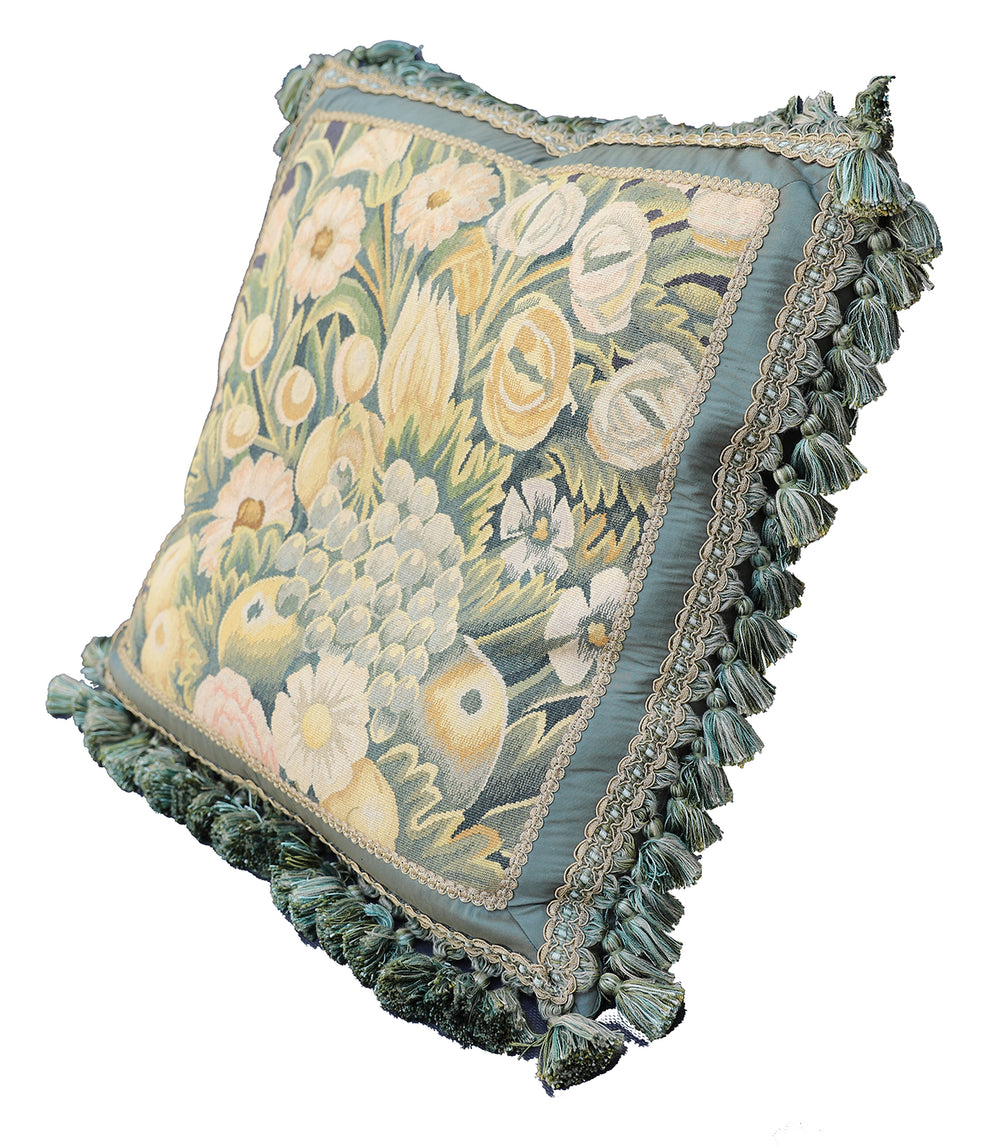 Handmade 21x21 blue and green floral wool Aubusson pillowcase with green tassels by Ariana Rugs West Hollywood
