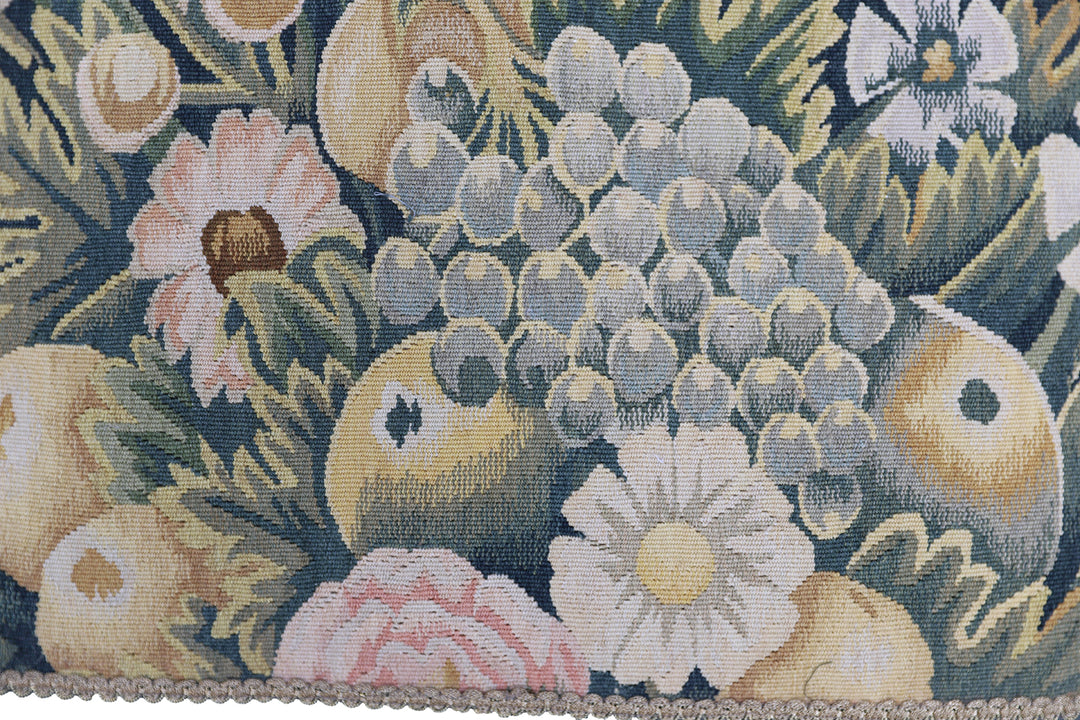 Handmade 21x21 blue and green floral wool Aubusson pillowcase with green tassels by Ariana Rugs West Hollywood