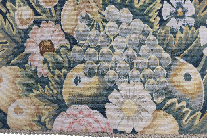 Handmade 21x21 blue and green floral wool Aubusson pillowcase with green tassels by Ariana Rugs West Hollywood